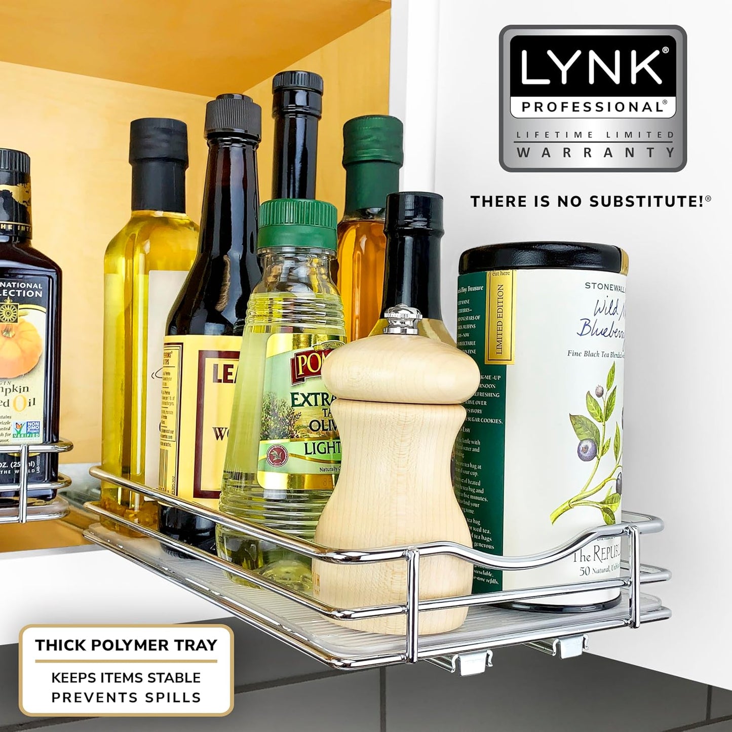 LYNK PROFESSIONAL® Pull Out Spice Organization for Cabinets - 4-3/8 inch Wide – Spice Rack for Inside Cabinets, Slide Out Spice Rack Organizer for cabinet – Pull Out Spice Rack, Sliding 2 Tier Chrome