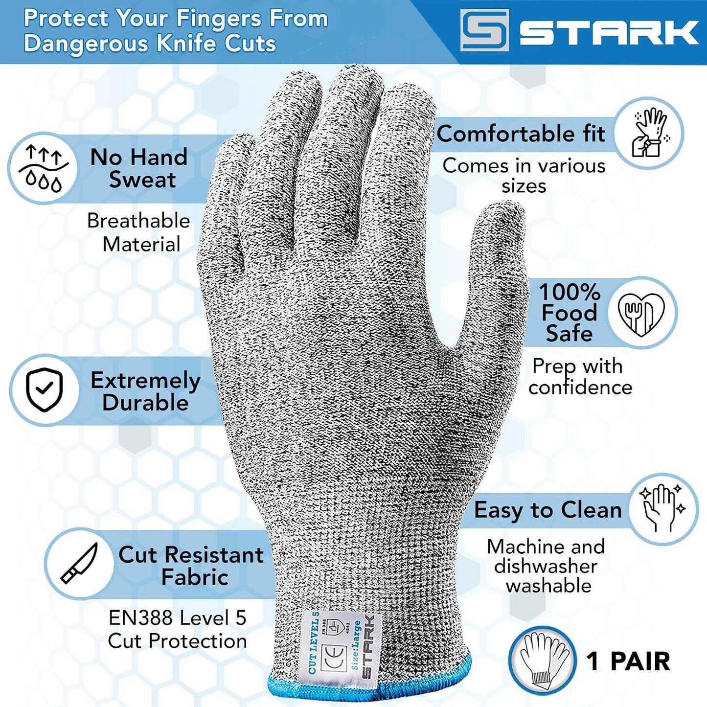 Cut Resistant Gloves, Level 5 Protection, Kitchen Cut Gloves for Meat, Shucking, Fillet, Mandolin Slicing, Carving, 1 Pair, Large