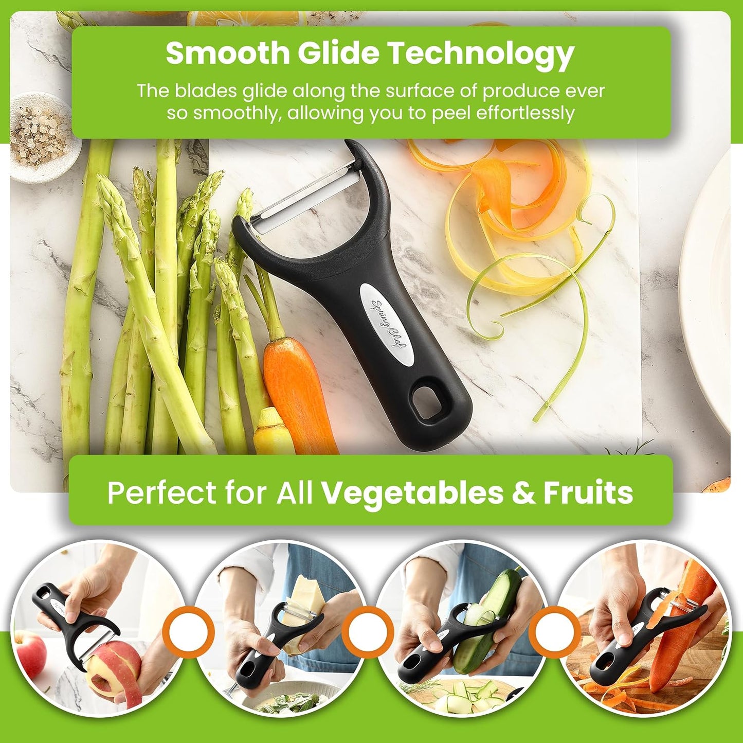 Spring Chef 3pcs Vegetable Peelers for Kitchen, Swivel, Y & Julienne Peeler | Premium Stainless Steel Potato Peelers with Soft Grip Handles, Ultra Sharp Blades for Fruits, Veggies, Apples, Carrots