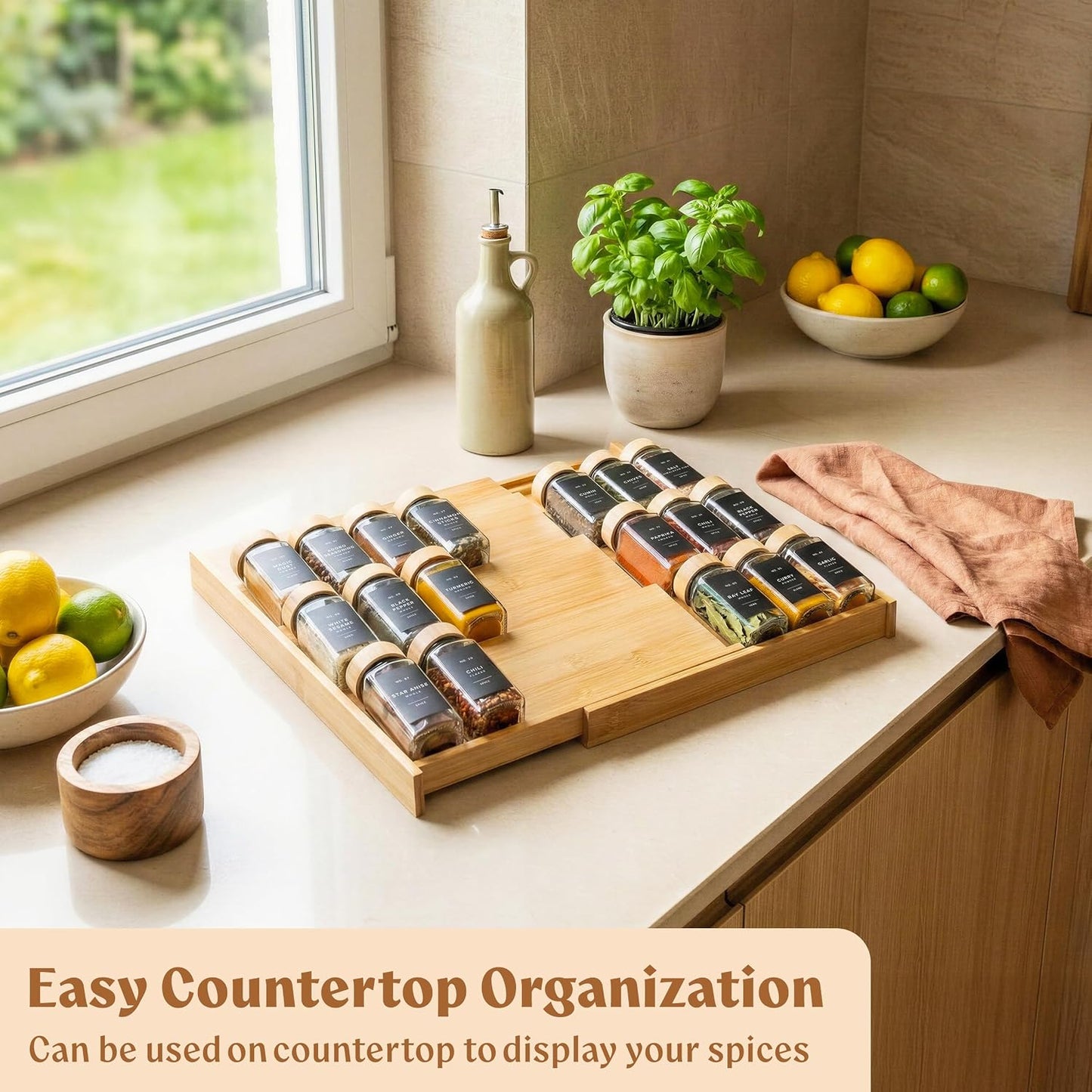 Bamboo Spice Drawer Organizer - Expandable 4 Tier Spice Rack (Need 3" Deep Drawer) 12" to 24" Wide, Seasoning Organizer, Organization Seasoning Rack insert (Jars Not Included)