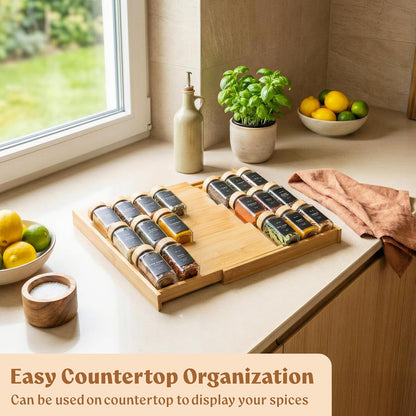 Bamboo Spice Drawer Organizer - Expandable 4 Tier Spice Rack (Need 3" Deep Drawer) 12" to 24" Wide, Seasoning Organizer, Organization Seasoning Rack insert (Jars Not Included)