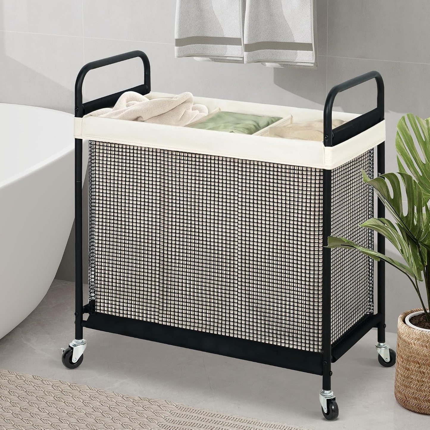 STO STO Laundry Hamper 2 Section, 100L Rolling Laundry Sorter Cart with Removable and Washable Liner Bag, Clothes Hamper with Wheels and Metal Handle for Laundry Room and Bedroom