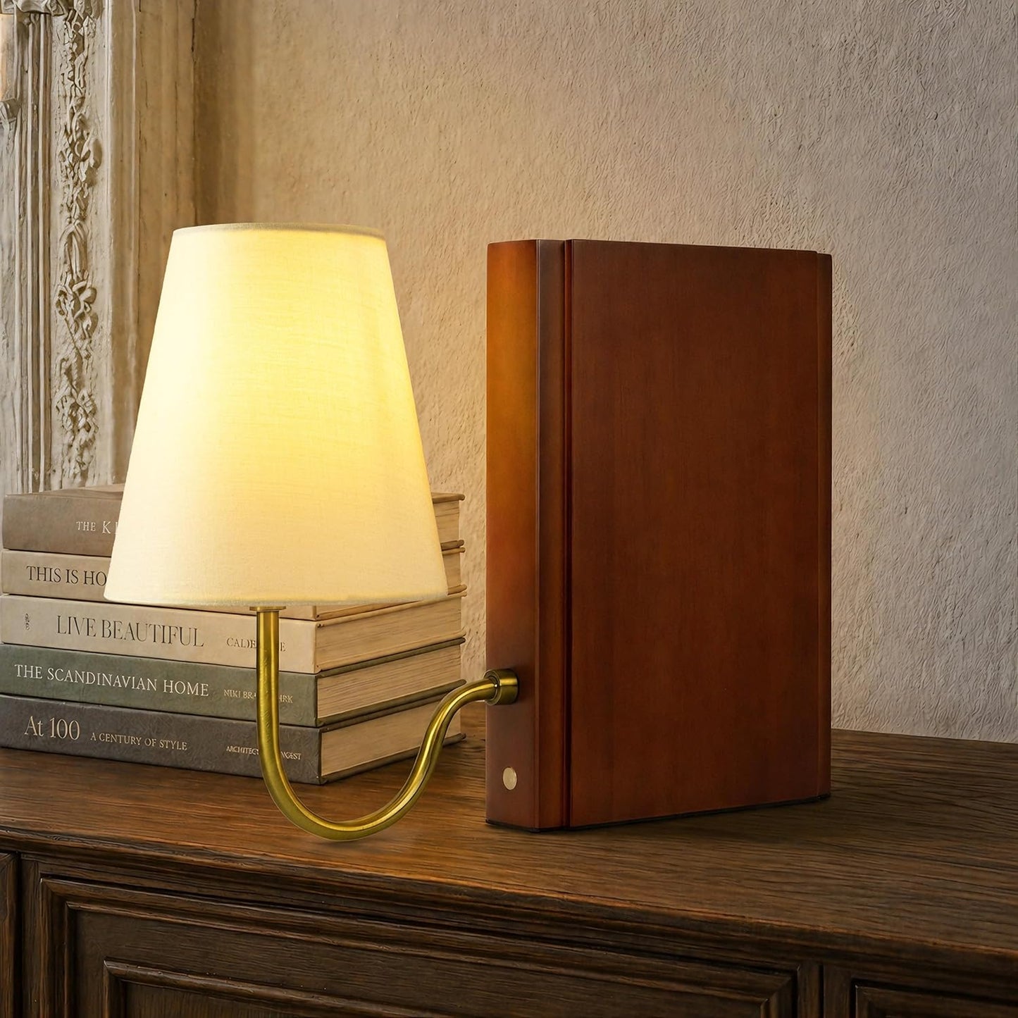 AELS Solid Wood Bookshelf Lamp with Bulb, Cordless Rechargeable Touch Dimmable Table Lamp with Linen Fabric Shade, Modern Decorative Bookend Lamp for Bedroom, Office & Bookshelf Decor, Dark Brown