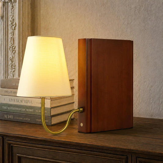 AELS Solid Wood Bookshelf Lamp with Bulb, Cordless Rechargeable Touch Dimmable Table Lamp with Linen Fabric Shade, Modern Decorative Bookend Lamp for Bedroom, Office & Bookshelf Decor, Dark Brown