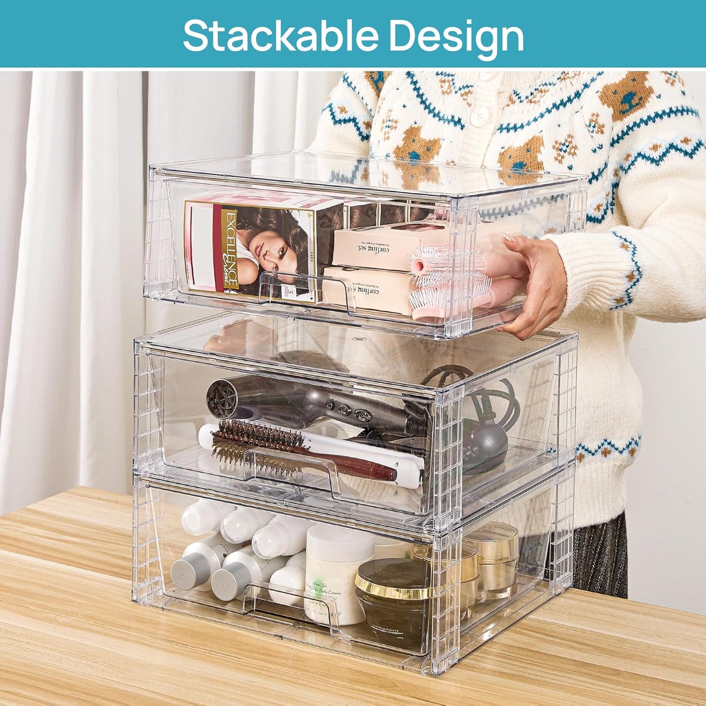 Vtopmart 2 Pack Large Clear Stackable Storage Drawers for Closet, Pantry | Easily Assemble Bathroom Undersink Organizers,Plastic Storage Bins for Cabinet,Kitchen Pantry Organization