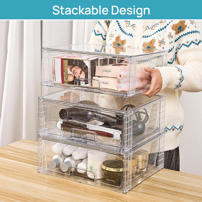 Vtopmart 2 Pack Large Clear Stackable Storage Drawers for Closet, Pantry | Easily Assemble Bathroom Undersink Organizers,Plastic Storage Bins for Cabinet,Kitchen Pantry Organization