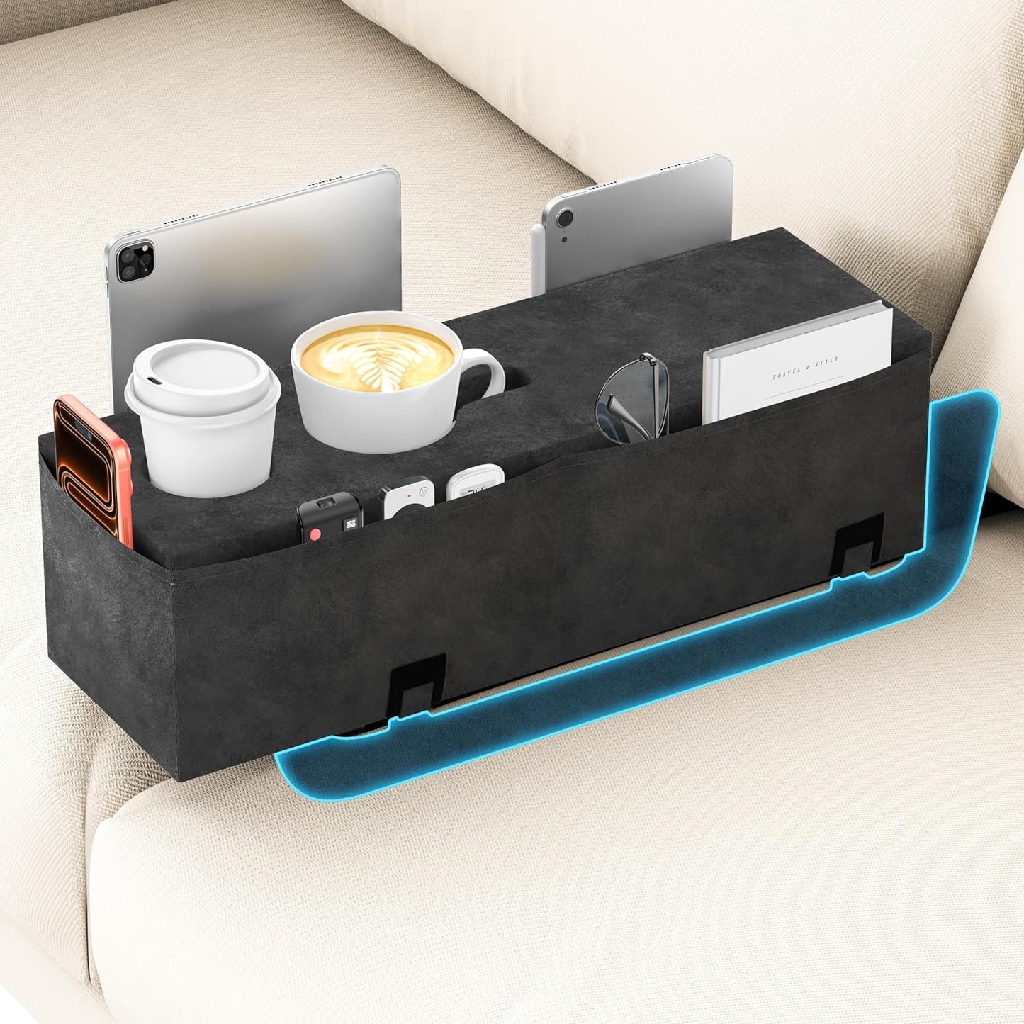 Removable Sofa Armrest Couch Caddy with Cup Holder Insert Between Cushions | Sofa Accessories Storage, Couch Armrest Pillow Table with Drink Holder