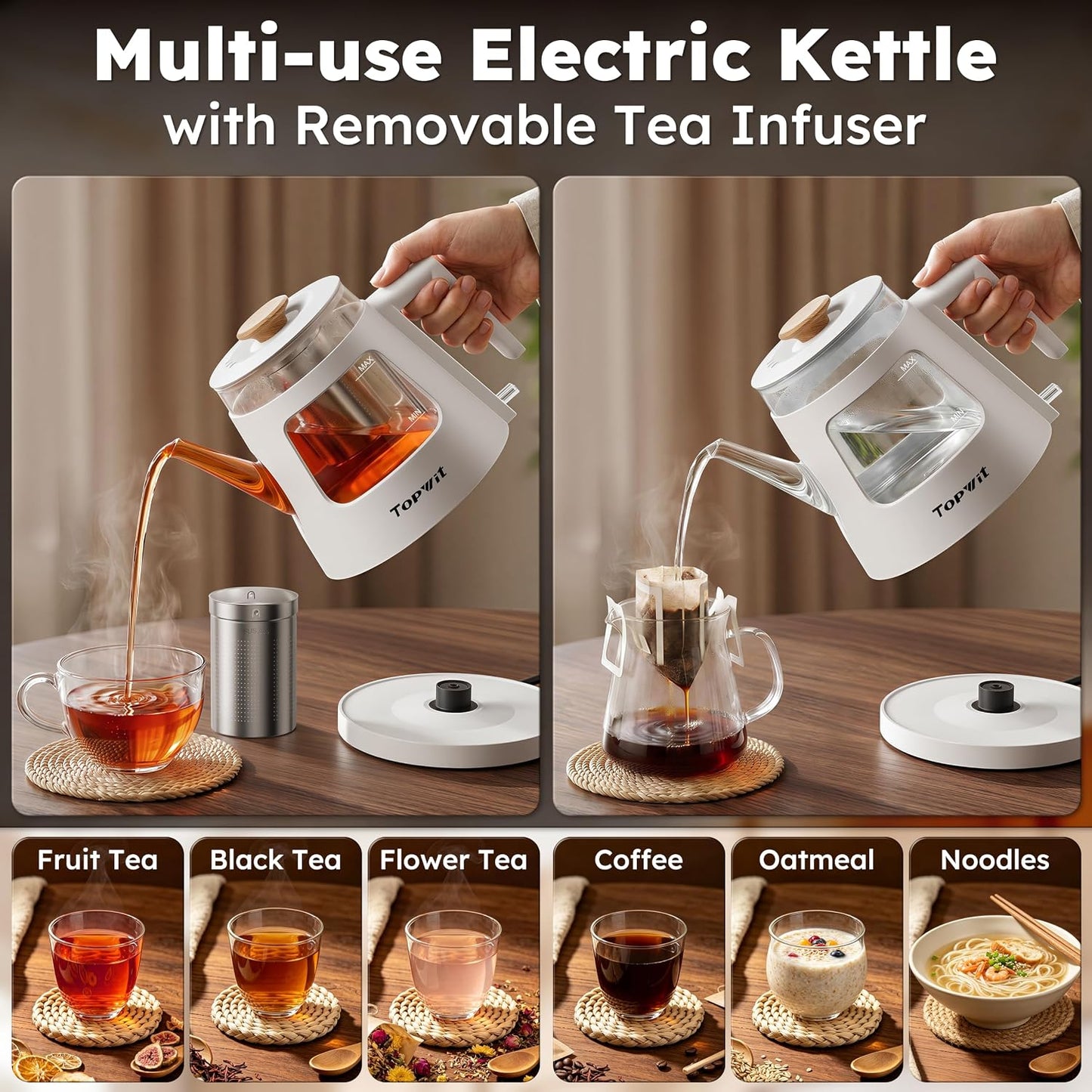 TOPWIT 2.0L Glass Electric Kettle, Hot Water Boiler, BPA-Free | Stainless Steel Bottom & Lid, Fast Boil, Auto Shut-Off & Boil-Dry Protection, No Plastic Odor | for Tea, Coffee, Home, Office