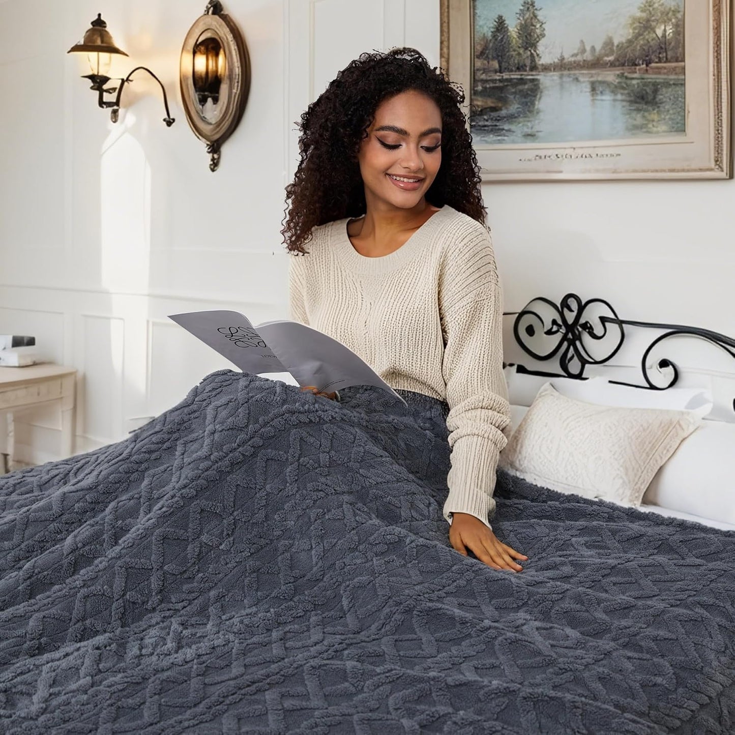 Soypipo Electric Heated Throw Blanket 50"x60", Faux Fur Plush with 4 Heat Settings & 2/4/8/10H Auto Shut-Off, Overheat Protection, Machine Washable, for Office & Chair, Dark Grey