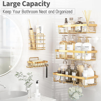 Liuoud 5 Pack Shower Caddy for Inside Shower, Gold Bathroom Storage Decor | Large Rustproof Stainless Steel Organizer with Strong Adhesive, No Drilling Wall Mounted Shelves, Bathroom Accessory Set