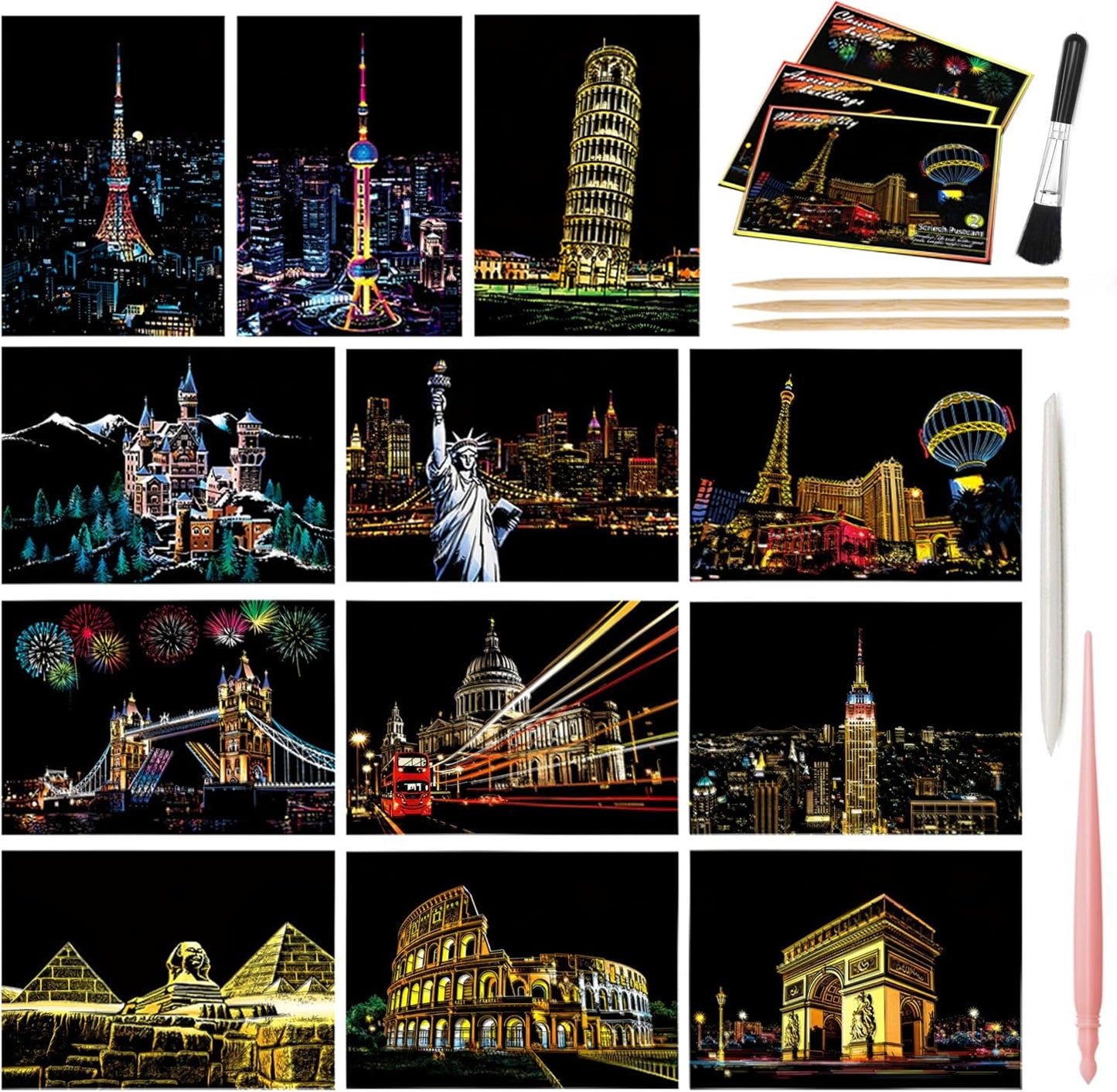 12-Sheet Rainbow Scratch Art Set with Tools, World Landmark Postcard Kit | Rainbow scratch paper and scratch cards with landmark views for a screen-free craft; finish each postcard to send or display