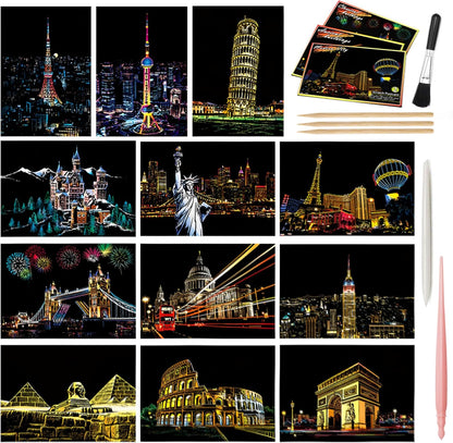 12-Sheet Rainbow Scratch Art Set with Tools, World Landmark Postcard Kit | Rainbow scratch paper and scratch cards with landmark views for a screen-free craft; finish each postcard to send or display