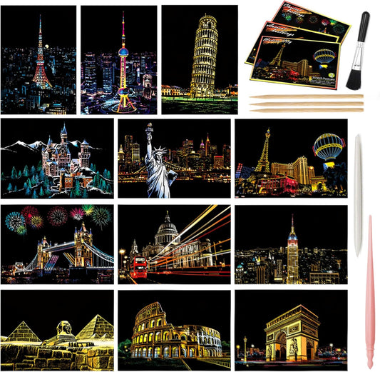 12-Sheet Rainbow Scratch Art Set with Tools, World Landmark Postcard Kit | Rainbow scratch paper and scratch cards with landmark views for a screen-free craft; finish each postcard to send or display