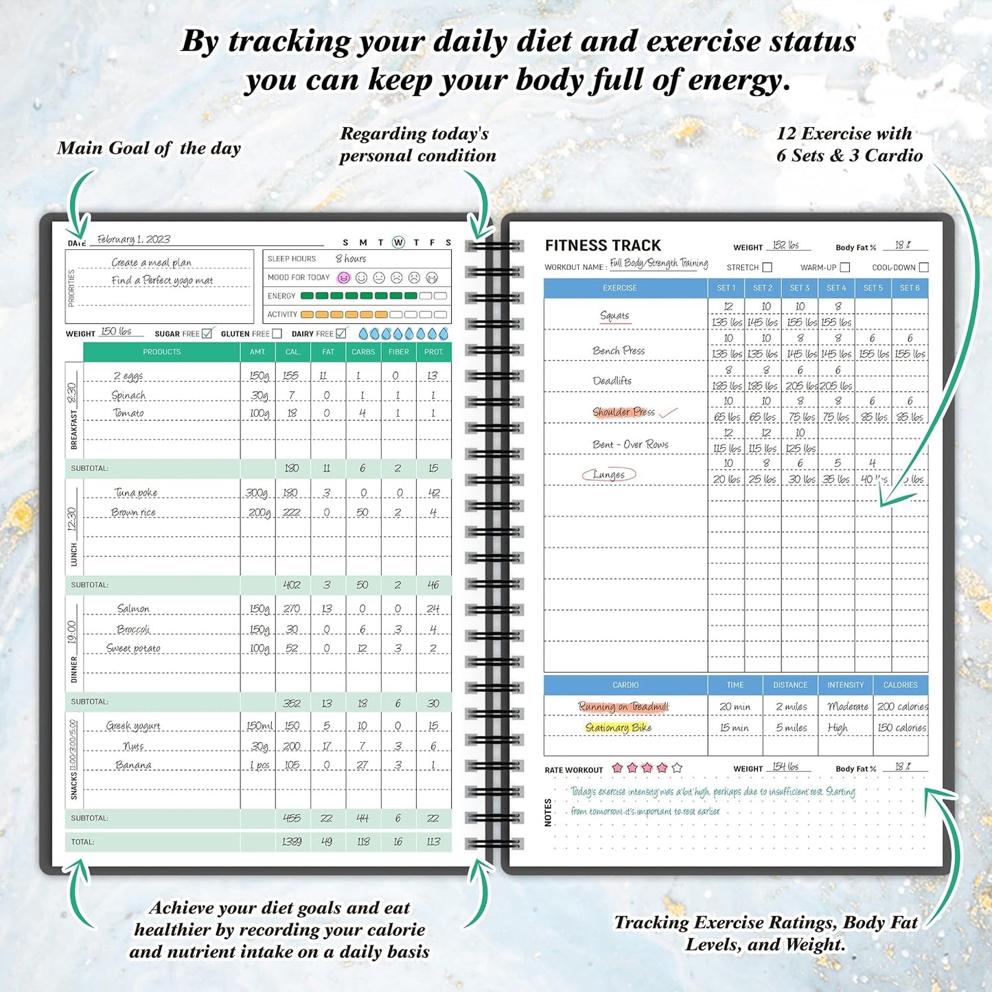 Wellness Planner & Fitness Log - Daily Diet & Health Journal with Weight Loss, Wellness Journal Notebook for Tracking Fitness, Sleep, Nutrition, Meal, Habits, A5(5.8 x 8.6 inch) (Green)