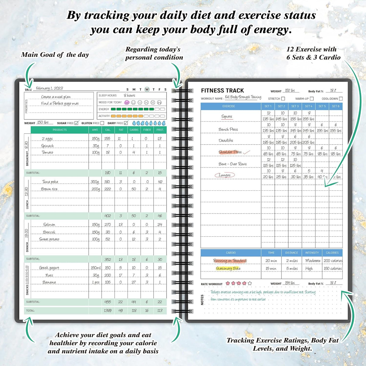 Wellness Planner & Fitness Log - Daily Diet & Health Journal with Weight Loss, Wellness Journal Notebook for Tracking Fitness, Sleep, Nutrition, Meal, Habits, A5(5.8 x 8.6 inch) (Green)