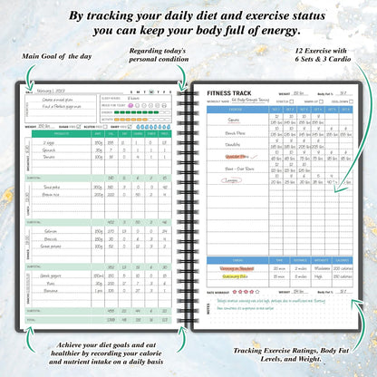 Wellness Planner & Fitness Log - Daily Diet & Health Journal with Weight Loss, Wellness Journal Notebook for Tracking Fitness, Sleep, Nutrition, Meal, Habits, A5(5.8 x 8.6 inch) (Green)