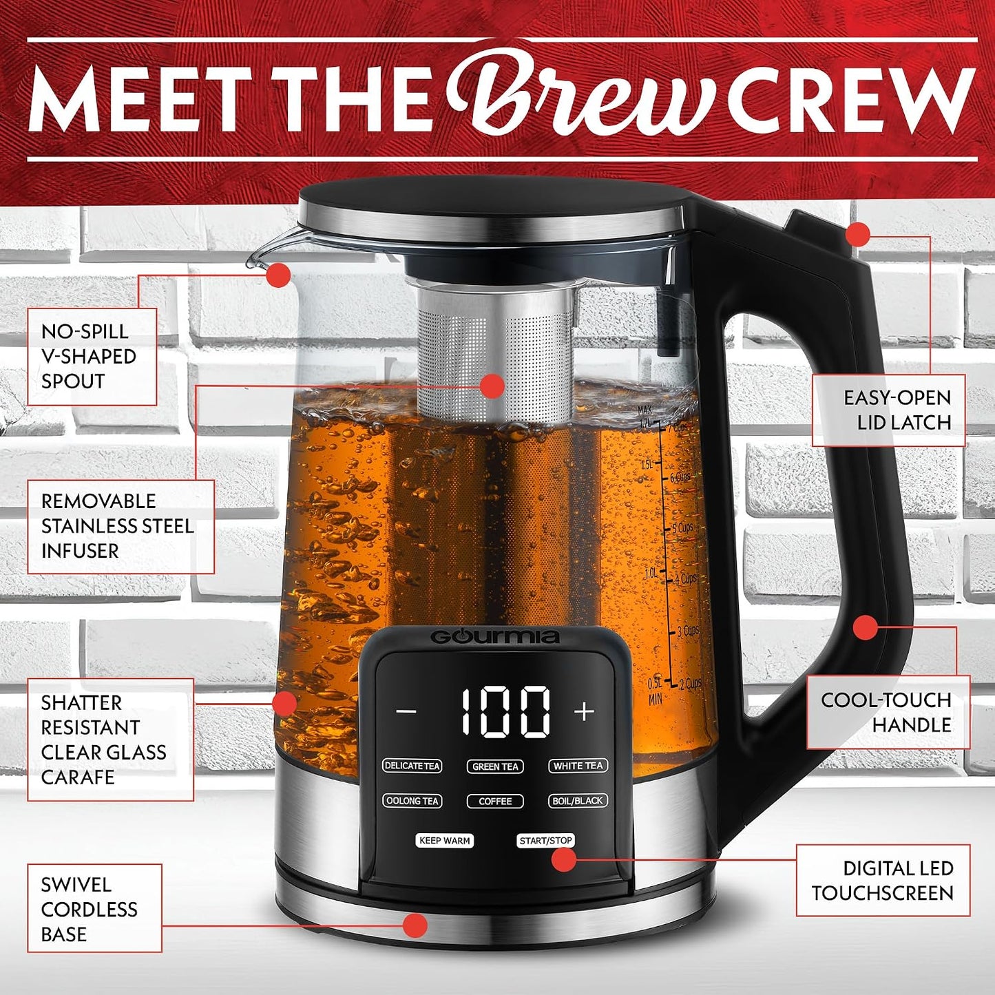 Gourmia Electric Glass Kettle – 1.7L Programmable Tea & Coffee Brewer with Digital Touch Display, 6 Presets, Removable Stainless Steel Infuser, Cordless with 360° Swivel Base, Black