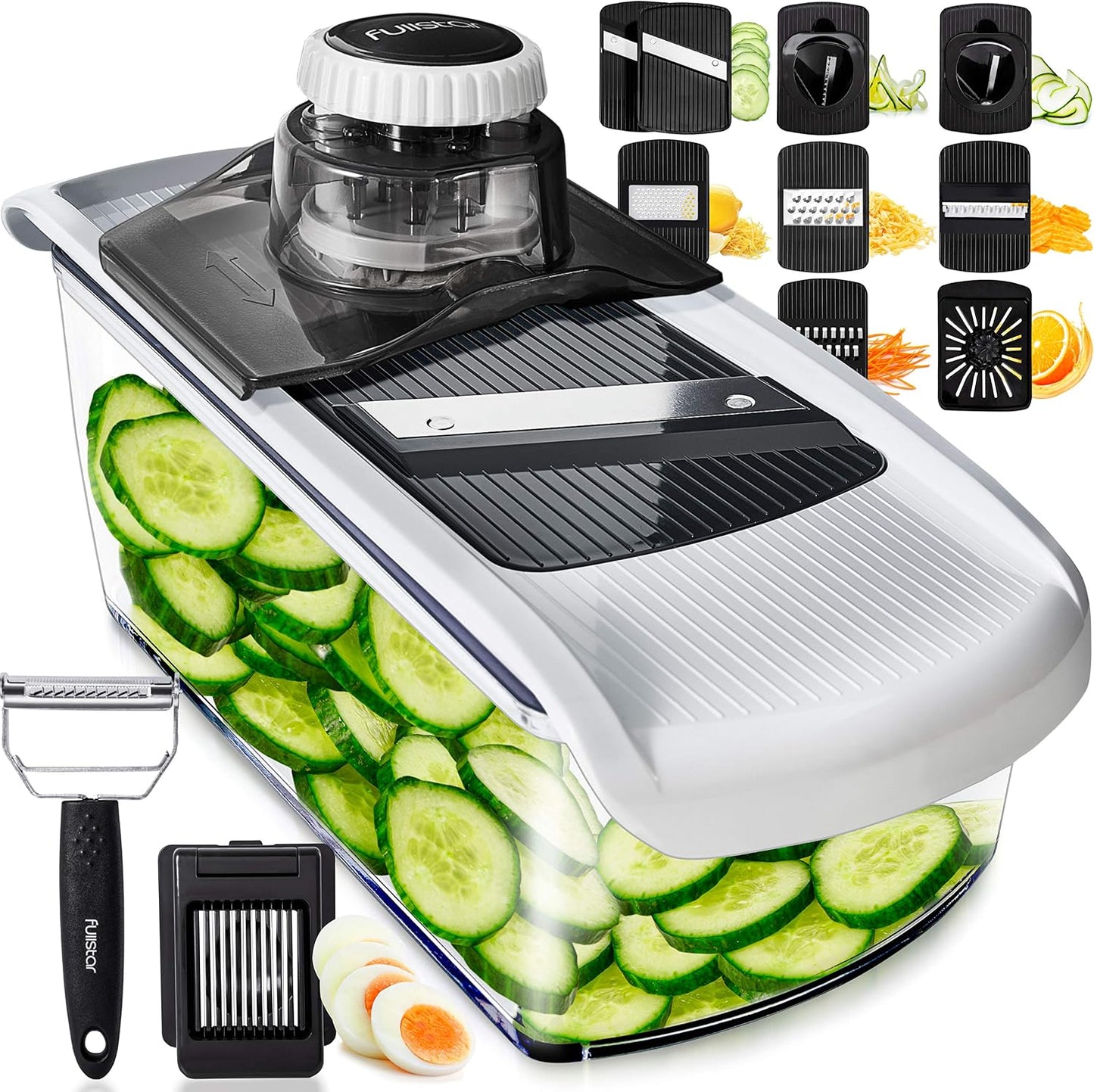 Fullstar Pro Mandoline Vegetable Slicer, Grater & Spiralizer with Container | 6 in 1 Fruit Cutter, Cheese Grater & Spiralizer with Safety Gloves, Stainless Steel Blades & Container (Black)