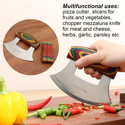 Pizza Cutter Chef Mezzaluna Ulu Knife Handle Color Wood Grip Sharp Rocker Slicer Stainless Steel Blade Salad Onion Vegetable Chopper with Holder Base Christmas Gifts
