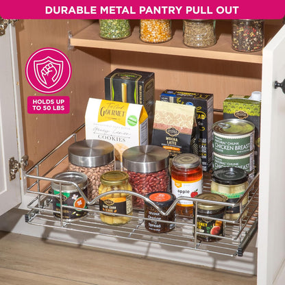 HOLDN’ STORAGE Pull Out Cabinet Organizer, Pantry Drawer, 14"W x 21"D x 5"H | Heavy-Duty Full-Extension, Roll Out Shelf for Pots, Pans & Under Sink Storage, Chrome, Require a 15.25"W Cabinet Opening