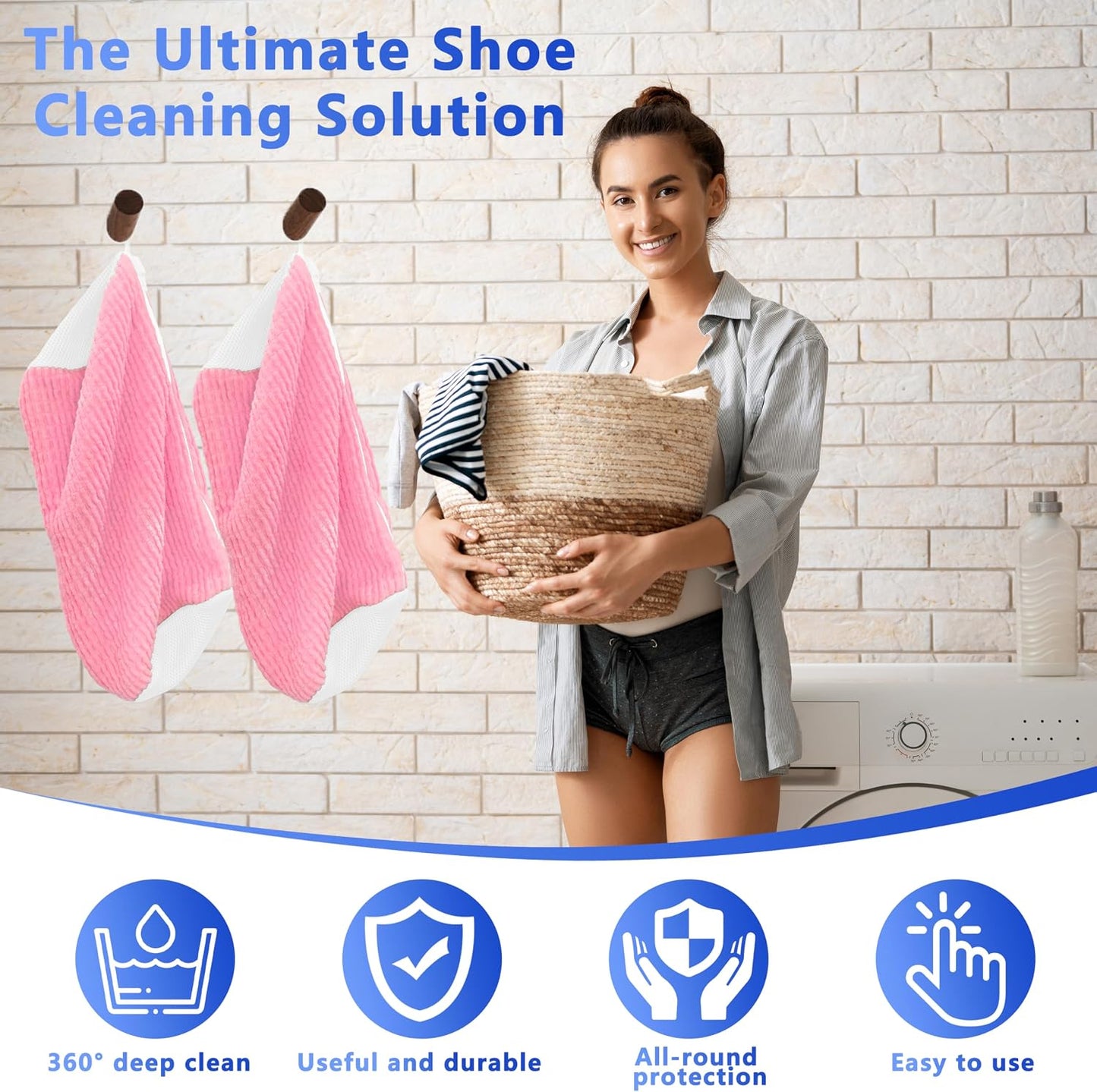 Reusable Shoe Washing Bag, 2-Pack Chenille Laundry Bag for Washer & Dryer. | Soft chenille fibers help deep clean sneakers while the hidden zipper keeps shoes secure and helps protect your washer.