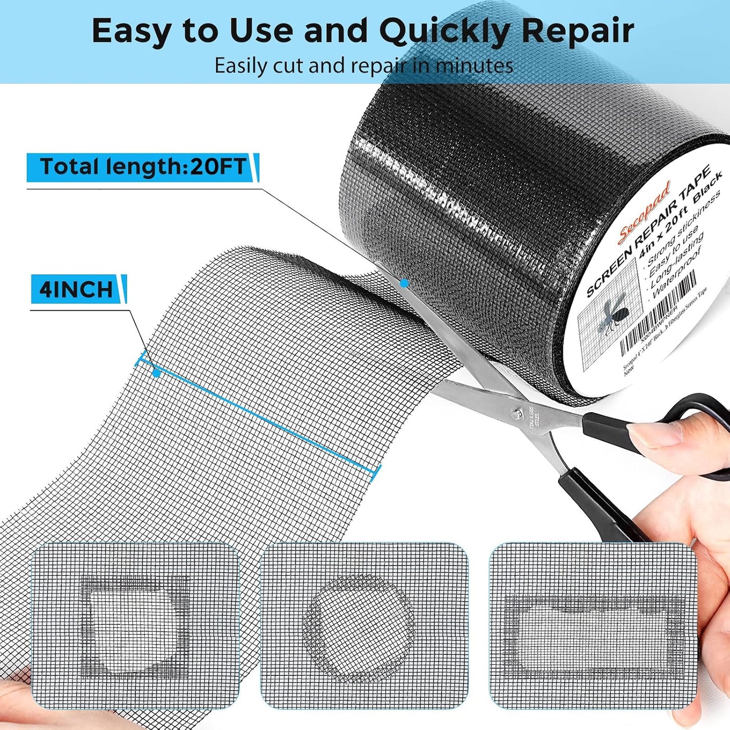 Secopad 2" x 180" (15FT) Screen Repair Tape, Screen Repair Kit, Black | Window Screen Patch, Quick Repair, Strong Adhesive, Easy to Use, For Mesh Window & Door, Cuttable Fiberglass, No Tools Needed