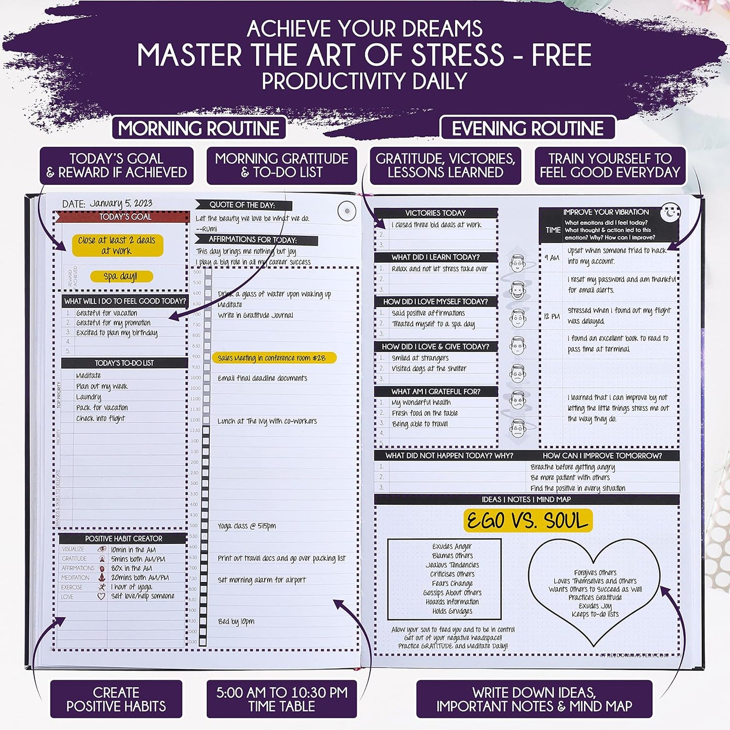 Freedom Mastery Daily Journal of Gratitude, Productivity & Habit Tracker | Undated 90-Day Planner with Daily Reflection, Mindfulness, Positivity, Vision Board & Stickers, Gratitude Journal for Women