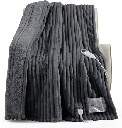 Bedsure Heated Blanket Electric Throw - Thick Striped Fast Heating Electric Blanket with Preheat Function, 6 Heat & 6 Timer (Up to 10H), 8H Auto Off, ETL Certified, Gifts for Women (50"x60", White)