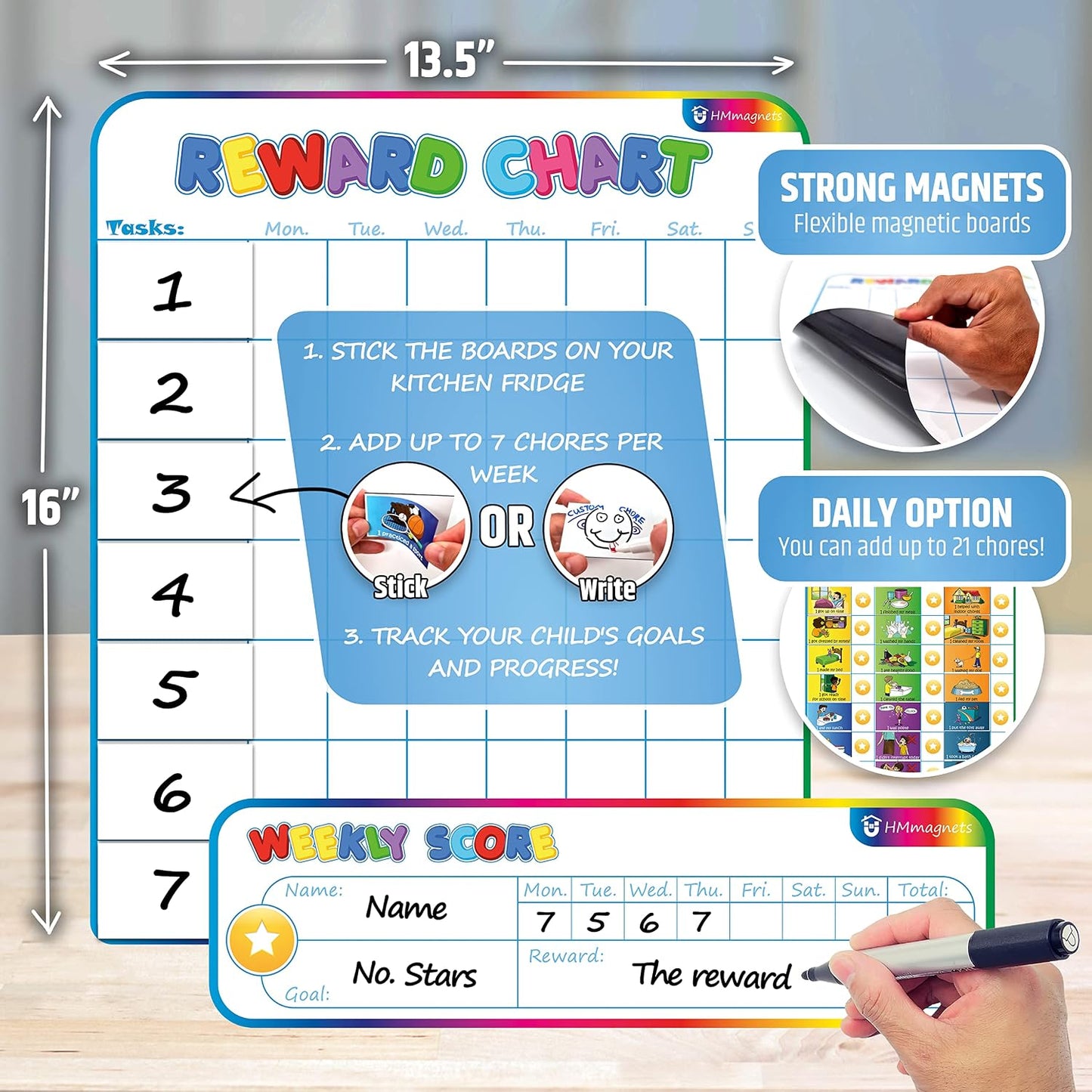 Large Magnetic Reward Chart for Kids - 127 Pre-Written Stickers (Including Potty Training) + 30 Customizable Chores - Behavior, Responsibility & Incentive Routine Star Chart for Fridge (1 Kid Version)