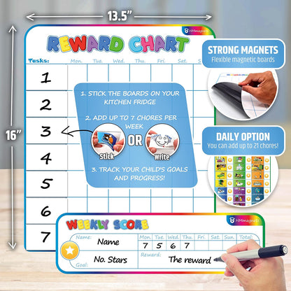 Large Magnetic Reward Chart for Kids - 127 Pre-Written Stickers (Including Potty Training) + 30 Customizable Chores - Behavior, Responsibility & Incentive Routine Star Chart for Fridge (1 Kid Version)