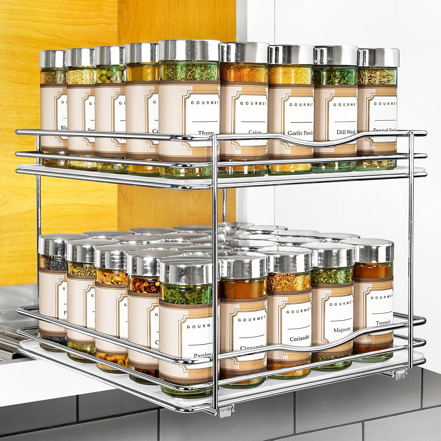 LYNK PROFESSIONAL® Pull Out Spice Organization for Cabinets - 4-3/8 inch Wide – Spice Rack for Inside Cabinets, Slide Out Spice Rack Organizer for cabinet – Pull Out Spice Rack, Sliding 2 Tier Chrome