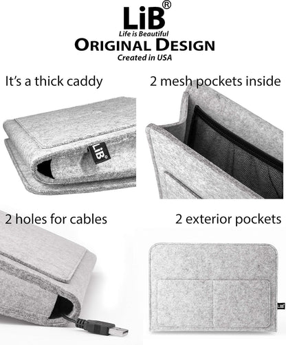 Lib Bedside Caddy, Original Design | Large Size 9.5" x 13.5" | Laptop Holder | 100% Handmade | College Room, Kids Bunk Bed, Hospital Bed | Night Hanging Storage Organizer (Light Gray)