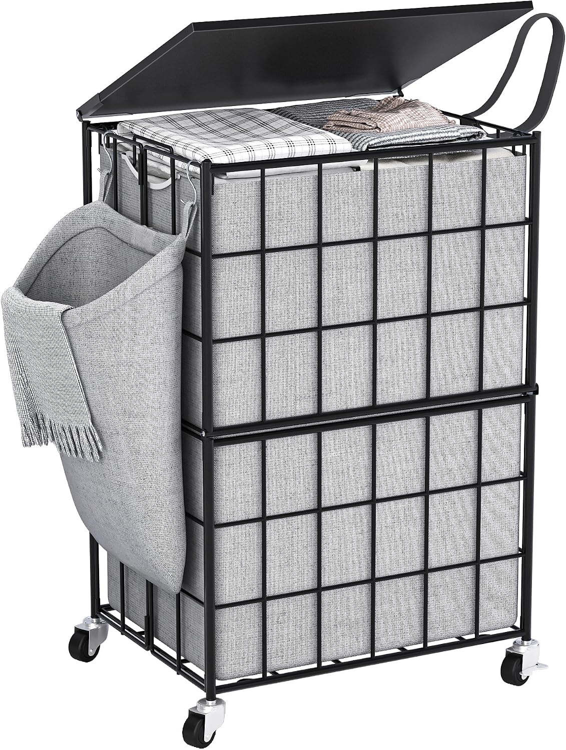 90L Laundry Basket with Wheels, Large Capacity Laundry Hamper with Removable Liner Bags, Heavy Duty Laundry Sorter with Solid Wood Lid & Leather Handles, Grey