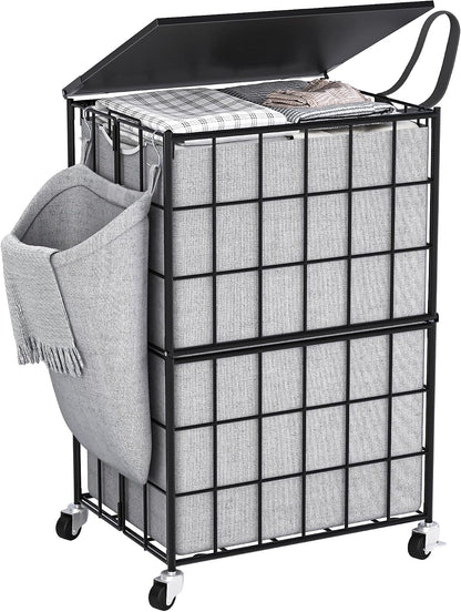 90L Laundry Basket with Wheels, Large Capacity Laundry Hamper with Removable Liner Bags, Heavy Duty Laundry Sorter with Solid Wood Lid & Leather Handles, Grey
