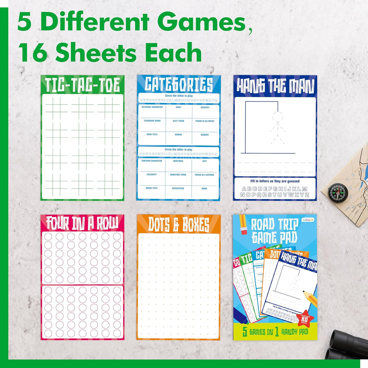 Road Trip Game Pad, 80 Perforated Sheets Travel Activity Pad, 5 Games in 1 Pad, Plane, Car Trip Activity, Pen Pencil & Paper Game for Kids, Adults (6” x 9”)