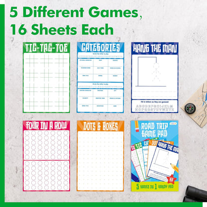 Road Trip Game Pad, 80 Perforated Sheets Travel Activity Pad, 5 Games in 1 Pad, Plane, Car Trip Activity, Pen Pencil & Paper Game for Kids, Adults (6” x 9”)