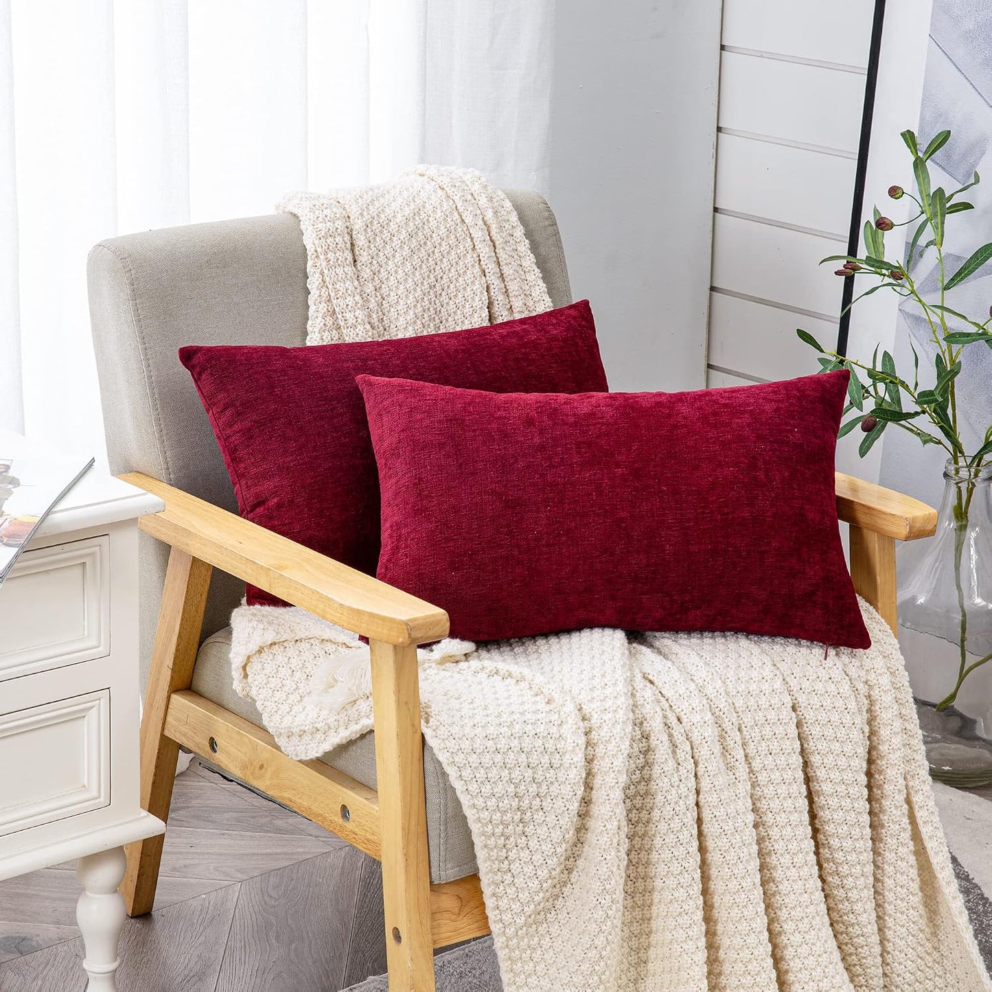 GAWAMAY Lumbar Support Pillow Decorative Rectangle Throw Pillow Covers 12"x20" Inch Set of 2, Soft Chenille Fall Pillowcase for Living Room Bedroom Sofa Couch Cushion Cover Grey 30x50cm (No Insert)