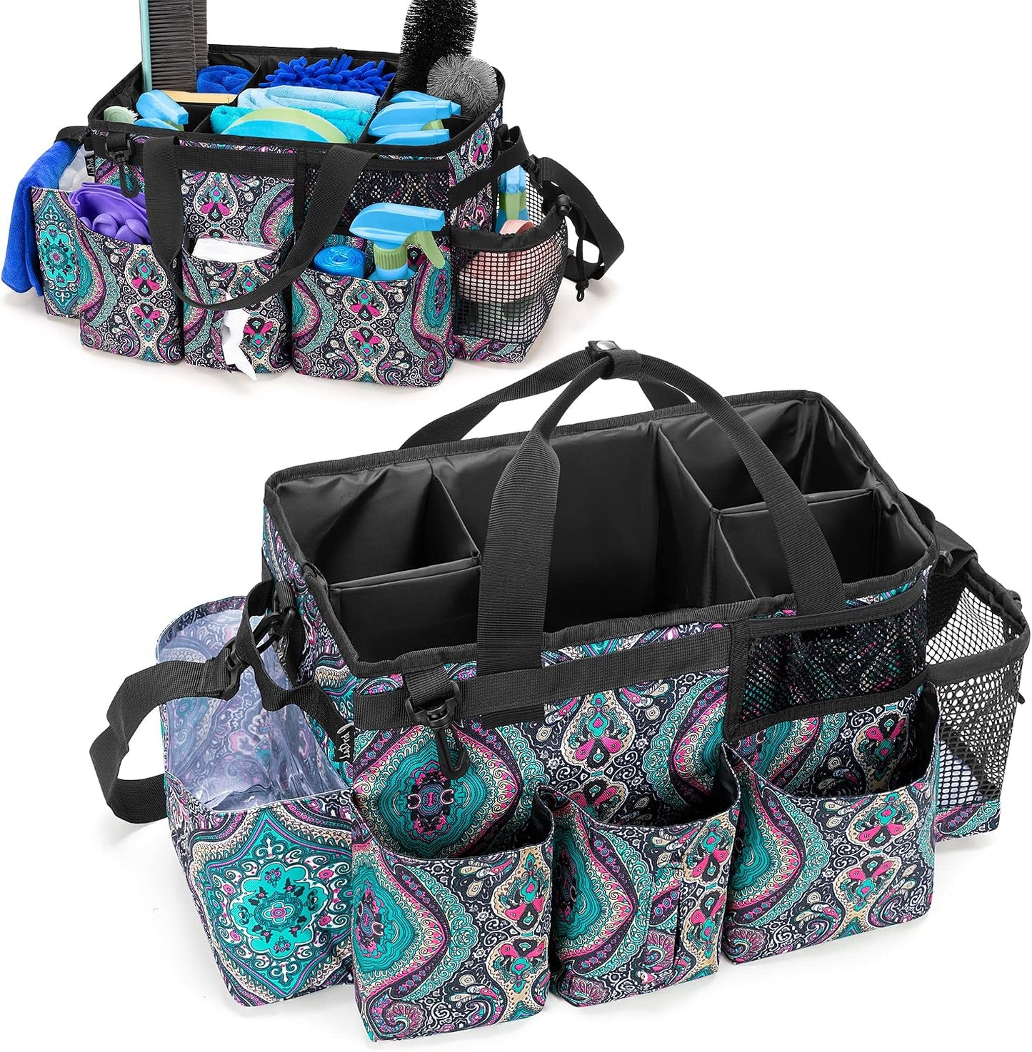 LoDrid Wearable Cleaning Caddy Bag with 4 Foldable Dividers, Black | Cleaning Supply Organizer with Shoulder Strap and Side Handles for Cleaners & Housekeepers