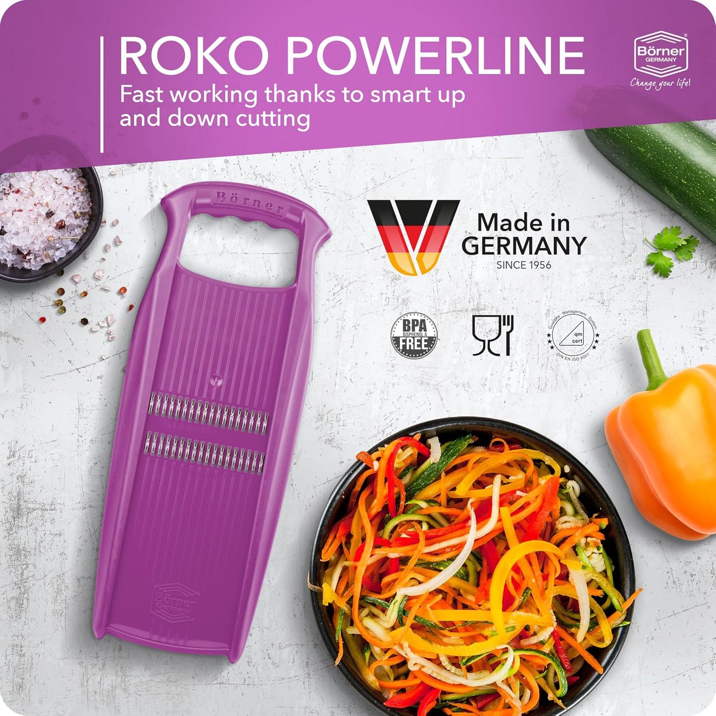 Börner Roko PowerLine Vegetable Slicer Set (2-piece) • Fine Julienne Cutter for Fruit and Vegetables + Safety Guard • Julienne Slicer • Mandoline Slicer Set • Kitchen Slicer (Red)