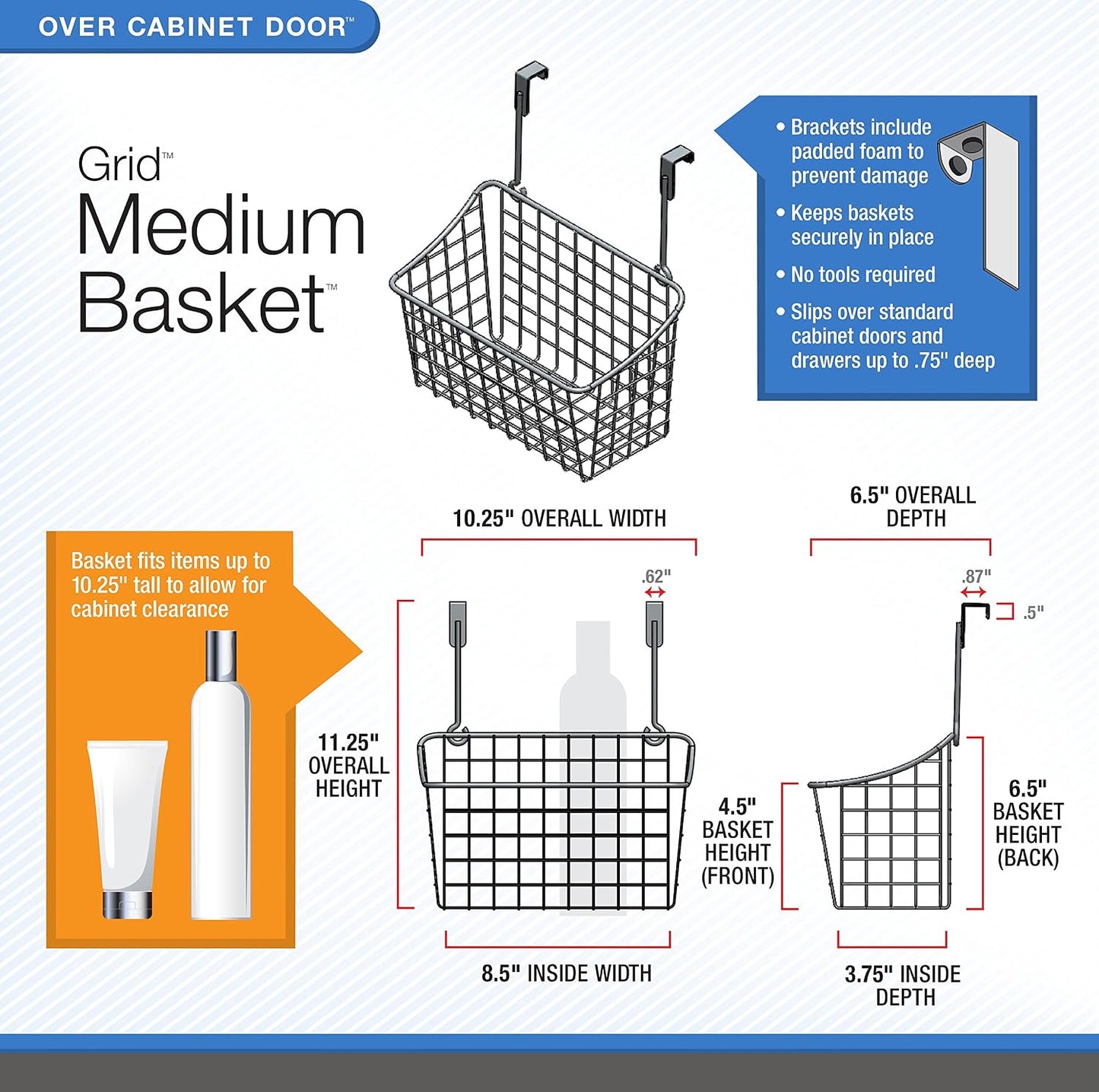Spectrum Hanging Baskets for Organizing (Large, Satin Nickel) - Grid Over the Cabinet Wire Basket for Kitchen or Bathroom - Door Hanging Storage Organizer for Cleaning Supplies, Washcloths, & Towels