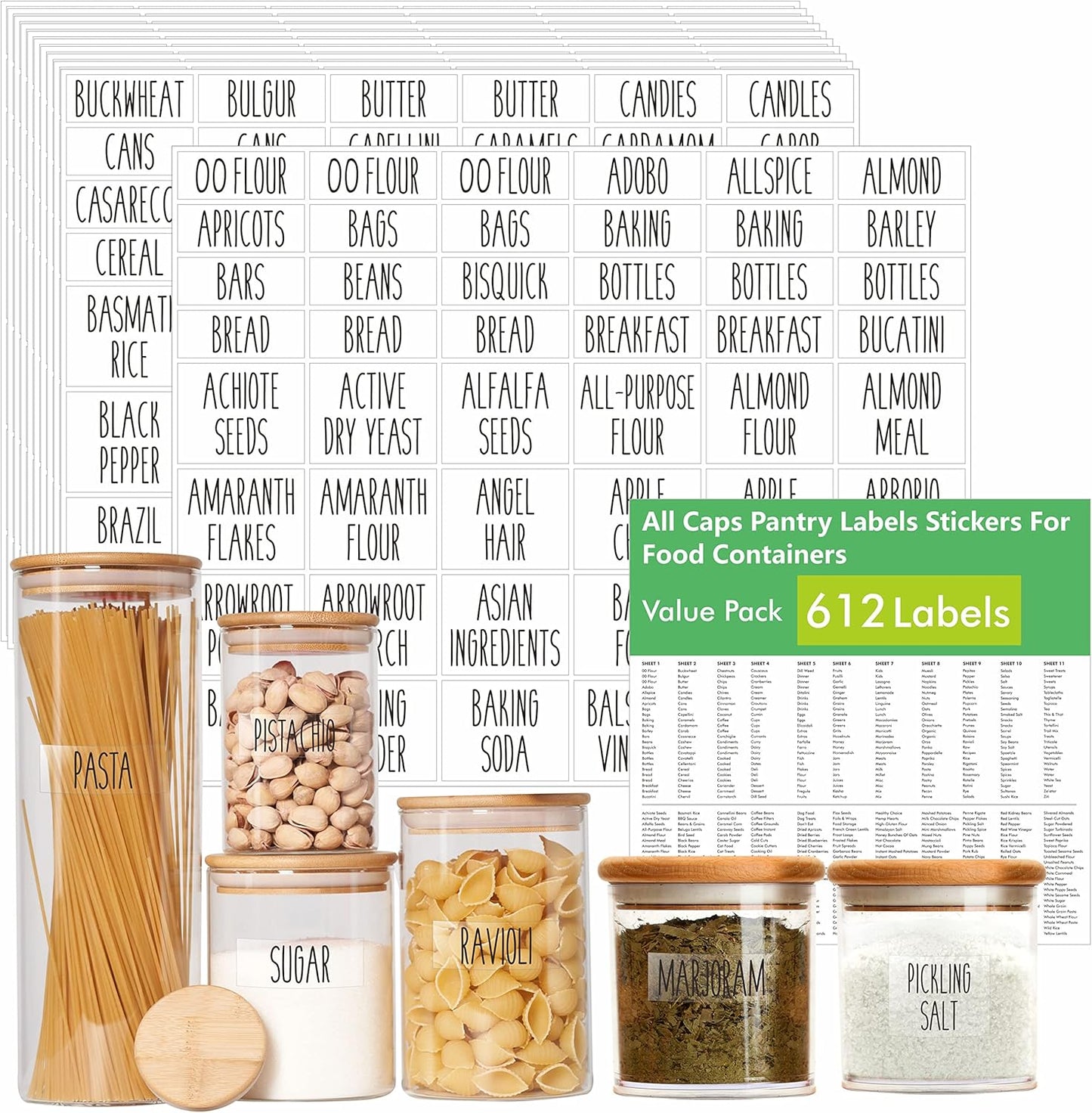 Hebayy 612 Script Pantry Food Labels, Water & Oil Resistant Pantry Label Stickers Food Jar Label for Organization and Storage