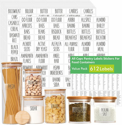 Hebayy 612 Script Pantry Food Labels, Water & Oil Resistant Pantry Label Stickers Food Jar Label for Organization and Storage
