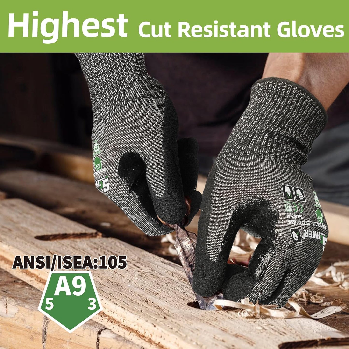 Schwer ProGuard High Level Cut Resistant Work Gloves for Extreme Protection, ANSI A9 Cut Gloves with Reinforced Thumb, Non Slip, Breathable, Durable, Touch-screen, Black 1 Pair（L 3326