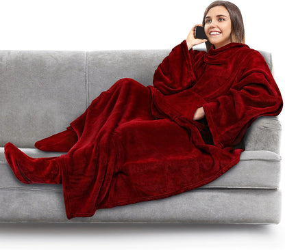 PAVILIA Fleece Blanket with Sleeves, Foot Pockets for Women Men Adults, Plush Wearable Blanket Throw Wrap, Warm Snuggle Blanket Robe, Cozy Gift Ideas Wife Mom, Dark Purple
