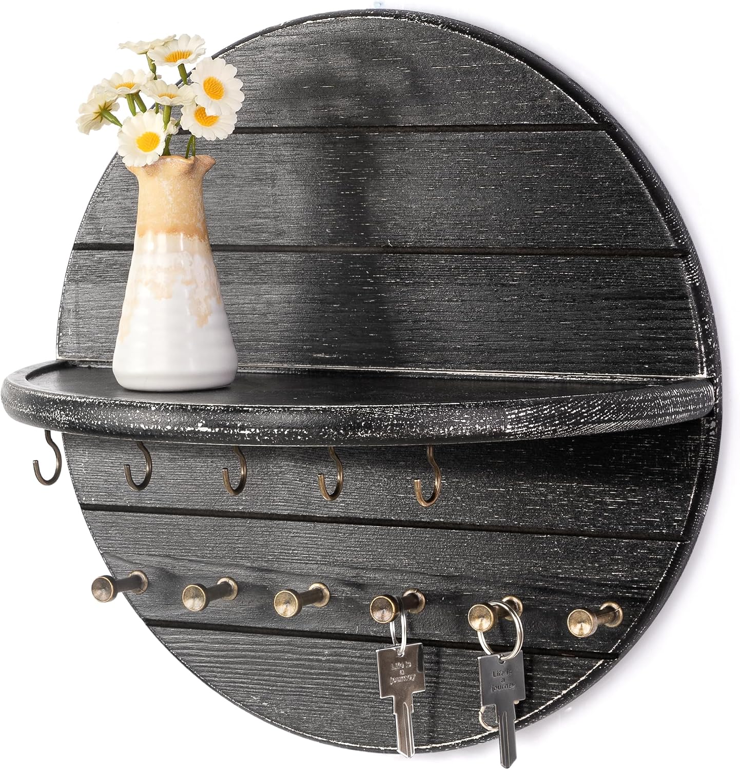 Rebee Vision Pine Wood Round Key Holder Wall Mount for Home Decor, Brown | Round Corner, Key Hooks for Dog leashes & Sunglasses, Display Shelf for Plant & Letters, Mail Organizer, Home Essentials