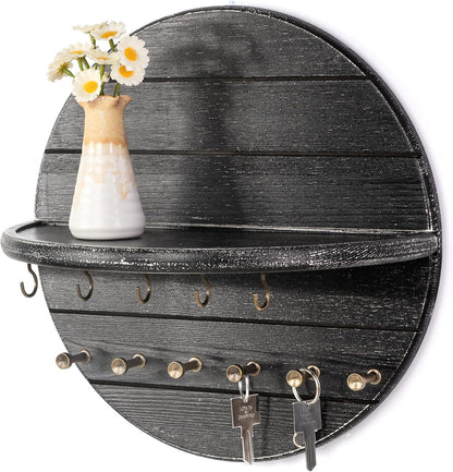 Rebee Vision Pine Wood Round Key Holder Wall Mount for Home Decor, Brown | Round Corner, Key Hooks for Dog leashes & Sunglasses, Display Shelf for Plant & Letters, Mail Organizer, Home Essentials