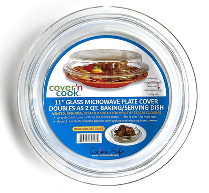 Cuchina Safe 2-in-1 Cover ‘n Cook Vented Glass Microwave Plate Cover and Baking Dish; Easy to Grip for Baking and Serving