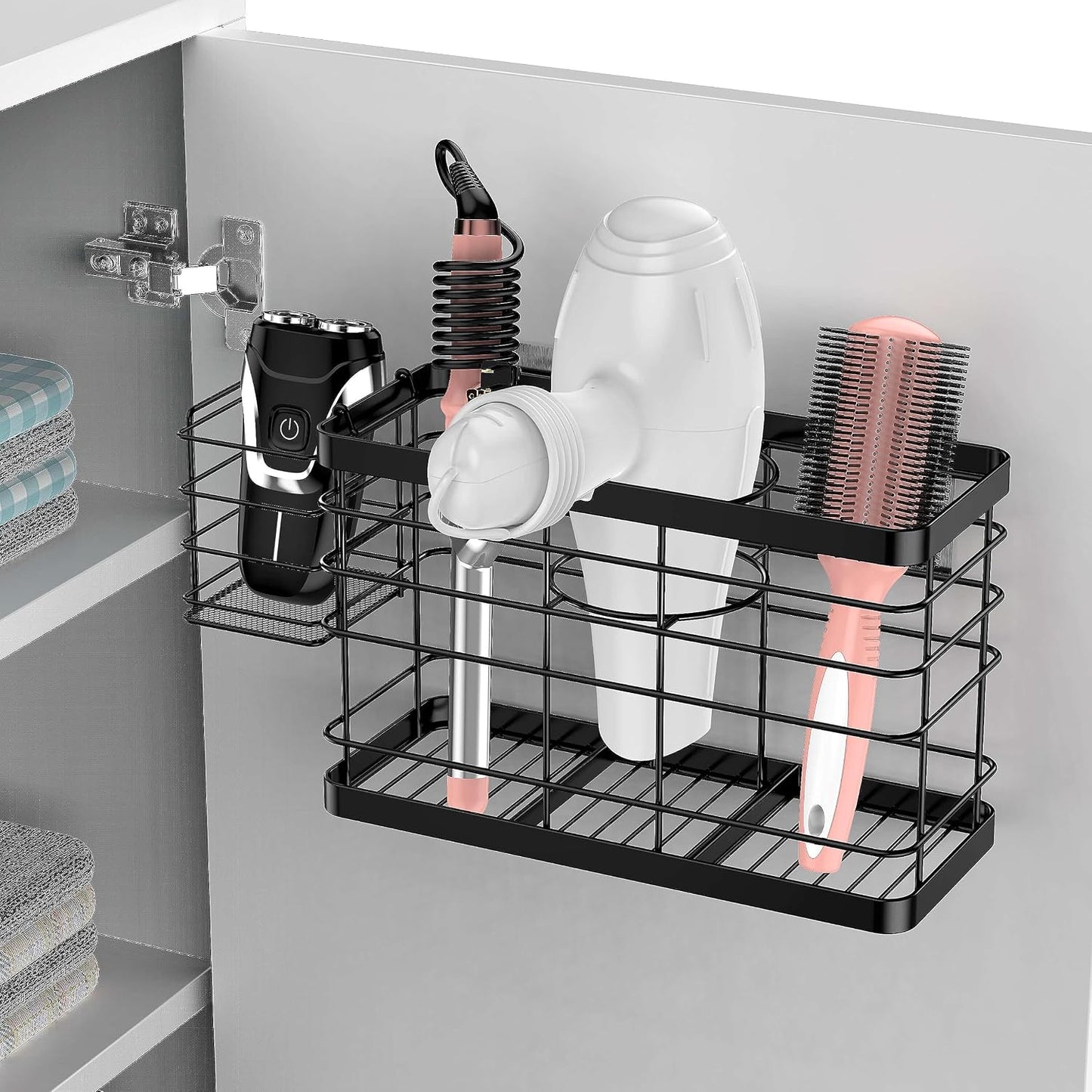 Hair dryer holder cabinet door - Hair tool organizer wall mount | Cabinet Door Bathroom Organizer Hair Care & Styling Tools Storage Basket for Hair Dryer, Curling Irons, Hair Straighteners