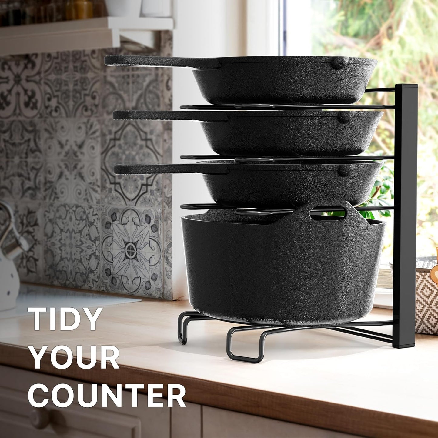SIMPLE HOUSEWARE 5 Compartments Height Adjustable Pan Organizer, Black