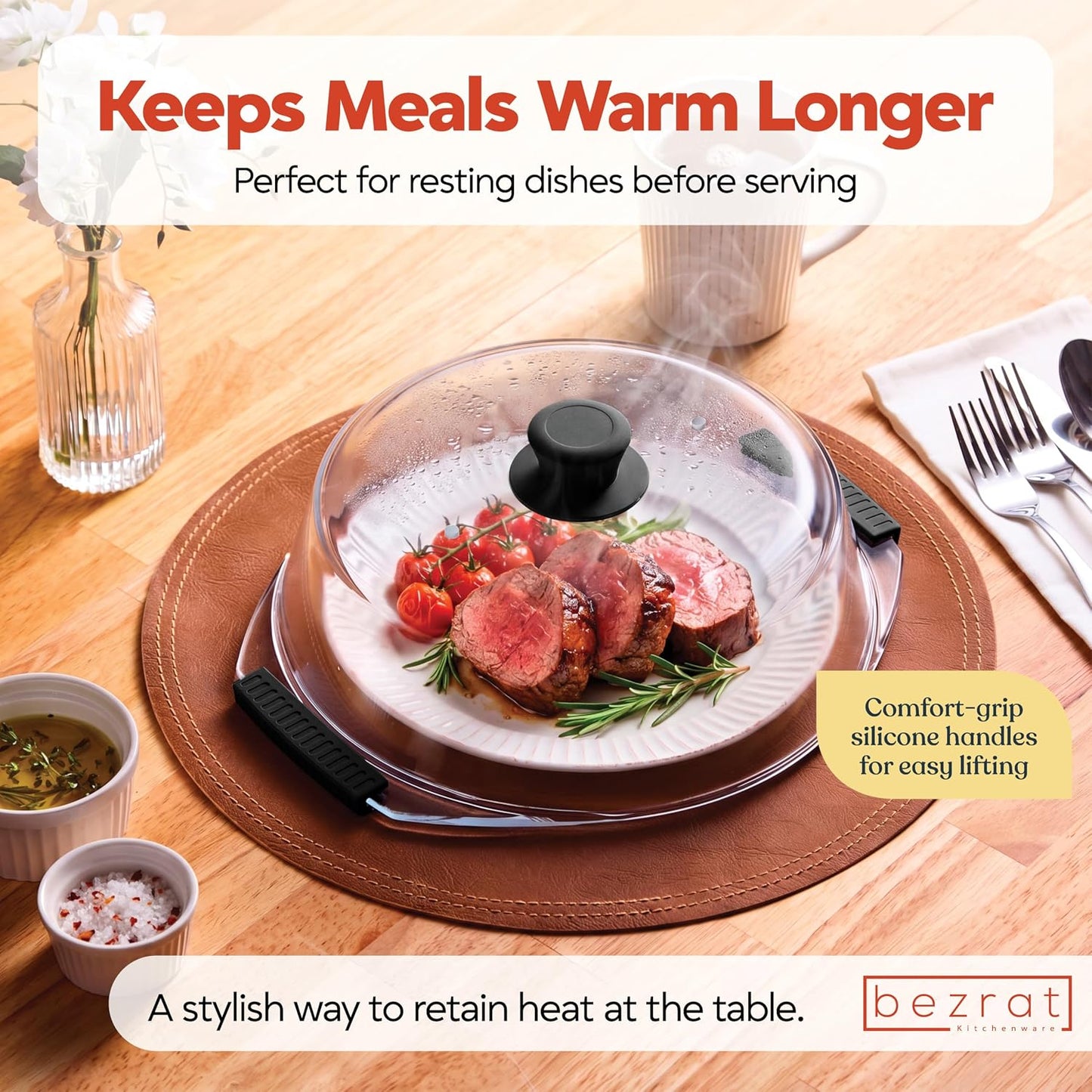 Bezrat 2in1 Glass Microwave Plate and Cover/Splatter Guard Lid, with Easy Grip silicone handle, 100% Food Grade, BPA Free and Dishwasher safe (Black)